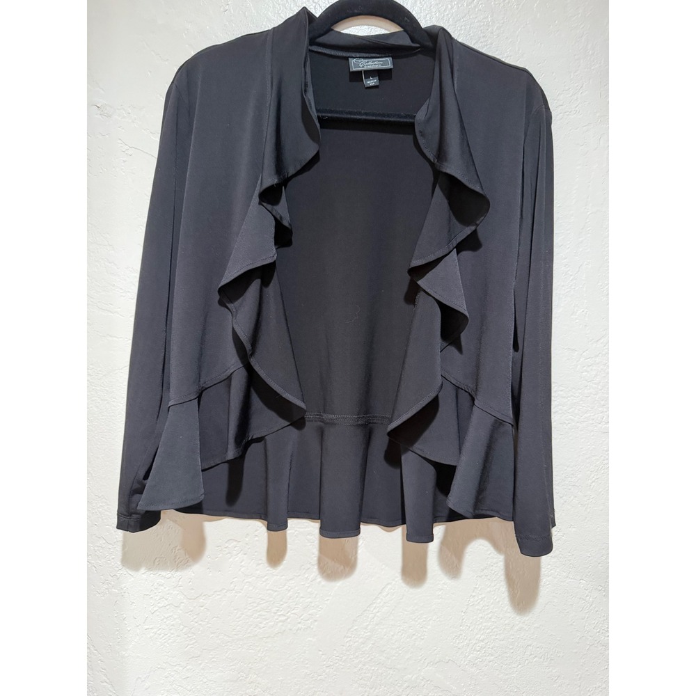 Dressbarn Collection Black Ruffle Waterfall Open Front Peplum Cardigan Large USA
